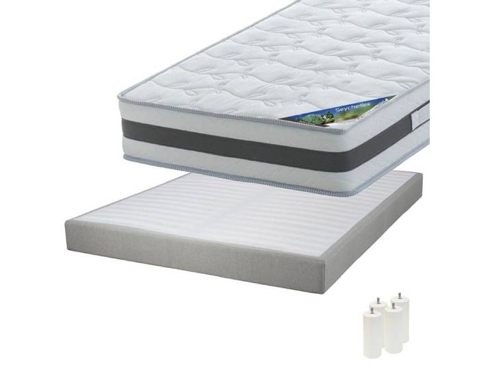 Seychelles - Pack Matelas 140x190 + Sommier Tapissier Démontable 2x20 Lattes Lin + Pieds Blancs 15cm