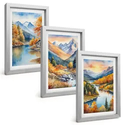 BILDER SET 3er Set - 20x30 cm Silberner Rahmen - Berglandschaft, Fluss, Herbst