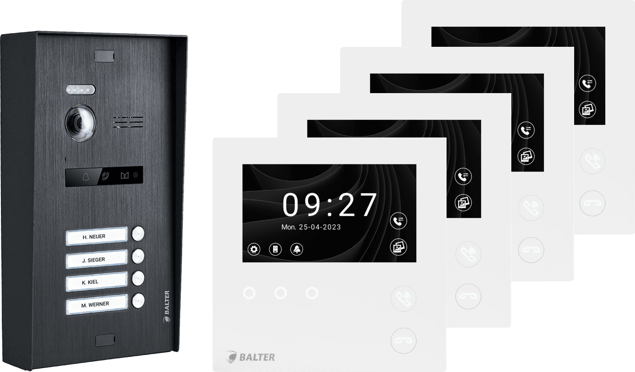 BALTER EVO HD MINI Aufputz Video Türsprechanlage Schwarz Set 4 Teilnehmer 4x 4,3" Monitor