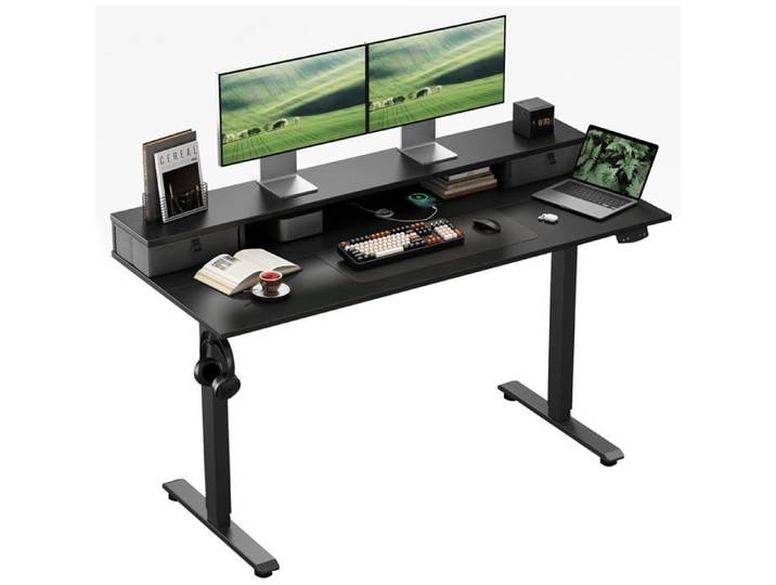 Bureau électrique réglable en Hauteur 120x60 cm avec 2 tiroirs Bureau assis-debout électrique 2 positions mémoire Noir