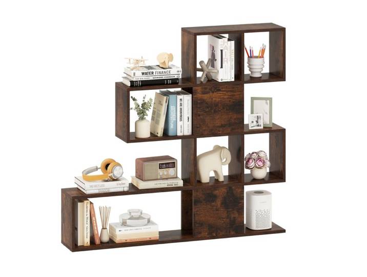 GOPLUS Bibliothèque sur Pied à 4 Niveaux Meuble de Rangement en Forme Irrégulière avec Étagère Ouverte/Clôturés Charge 20KG Marron