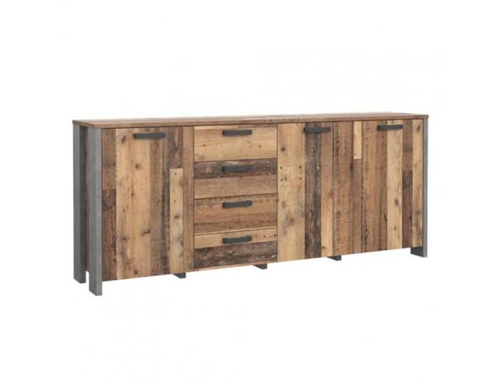 Buffet 3 portes et 4 tiroirs effet bois vieilli et béton gris - BUCK
