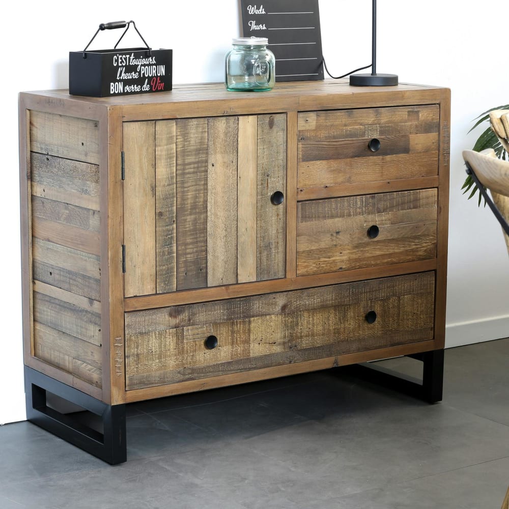 Pier import Petit buffet industriel 1 porte 3 tiroirs en bois recyclé l103cm Marron 103x85x45cm