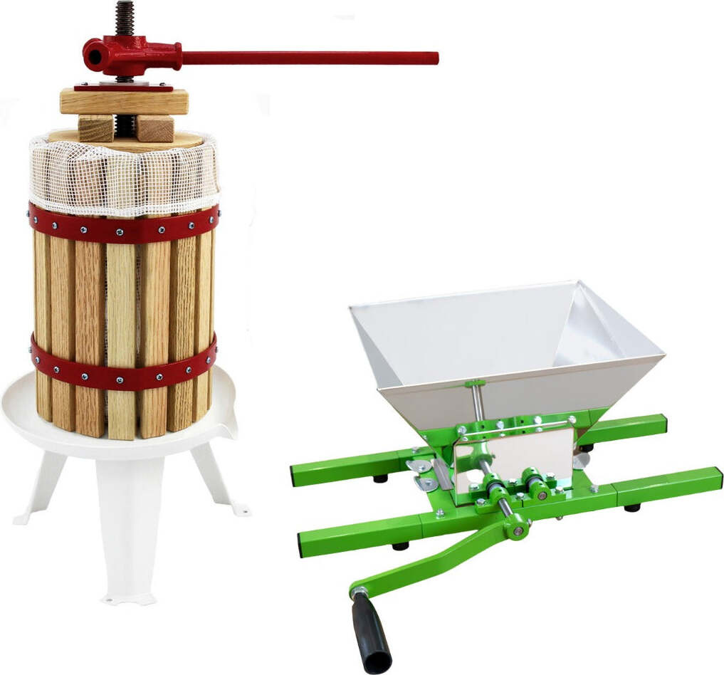 KuKoo set met 7 liter fruitsmolen en 6 liter fruitpers van roestvrij staal en eikenhout