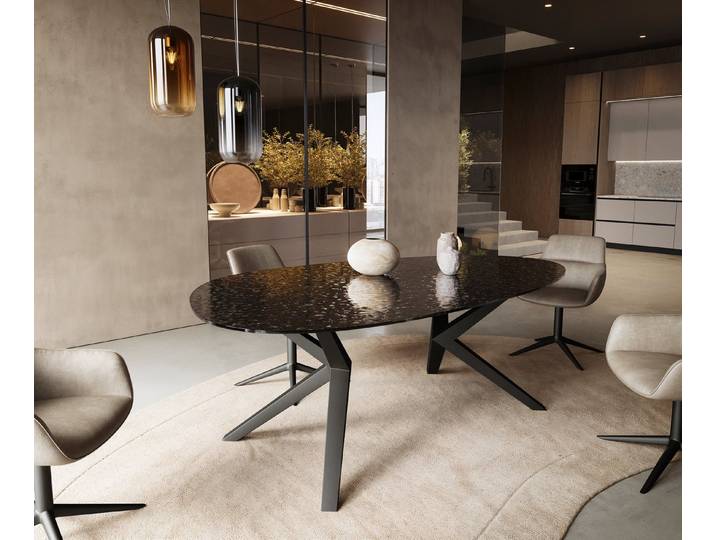DELIFE Esstisch Edge, Oval Reliefglas Rauchschwarz 3D-Design 220x120 Zenthara kantig Metall