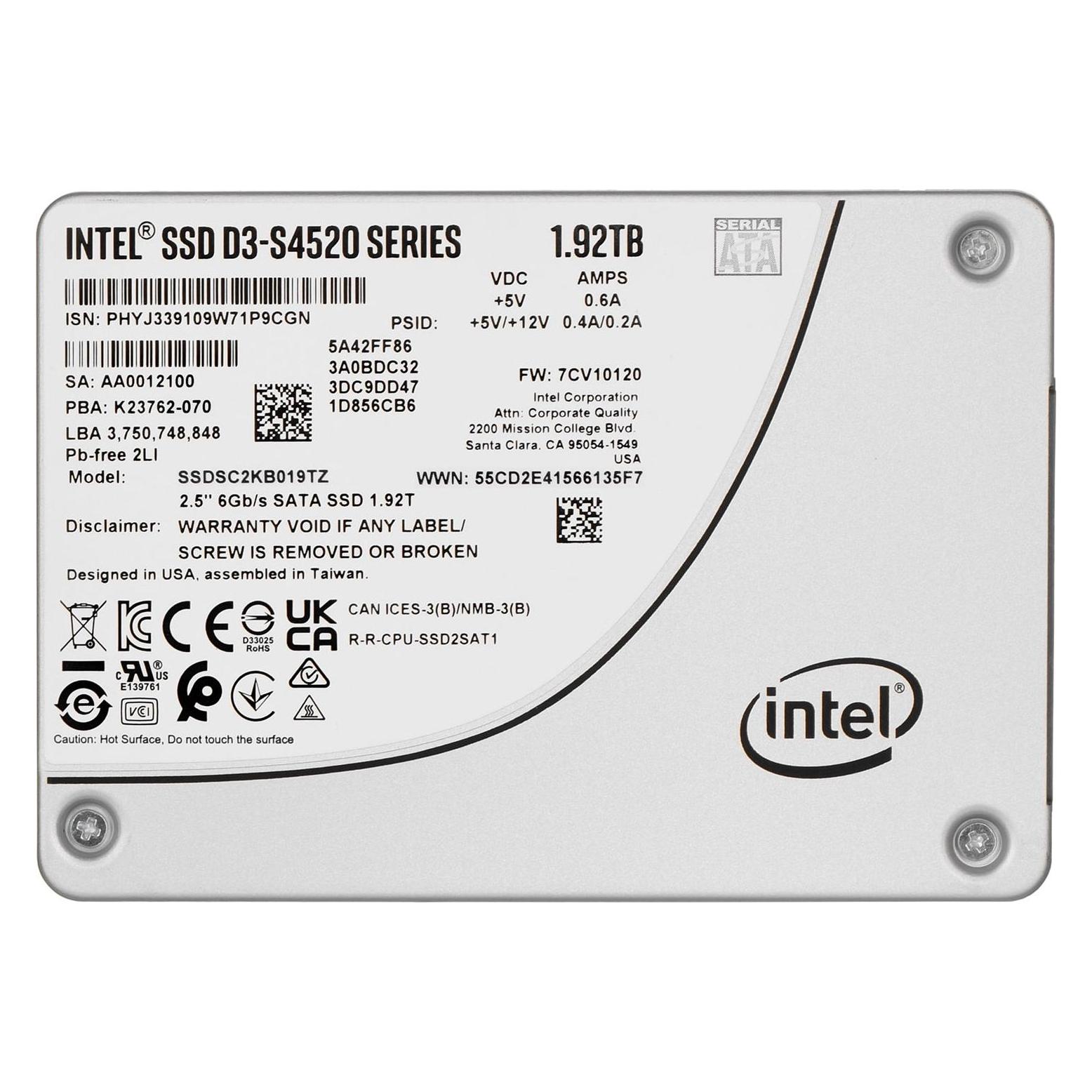 Intel SSD D3 S4520 SERIES 1.9TB 2.5" SATA 6GB/S 3D4 TLC SINGLEPACK (1920 GB, 2.5") (SSDSC2KB019TZ01)