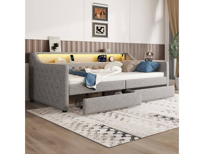 Lit-canapé - PAGE Living - 90x200 cm - LED télécommande - 2 tiroirs port USB