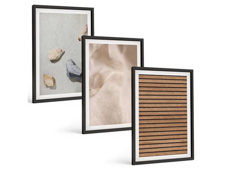 BILDER SET 3er Set - 40x60 cm Schwarzer Rahmen - Steine, Holz, Stofftexturen