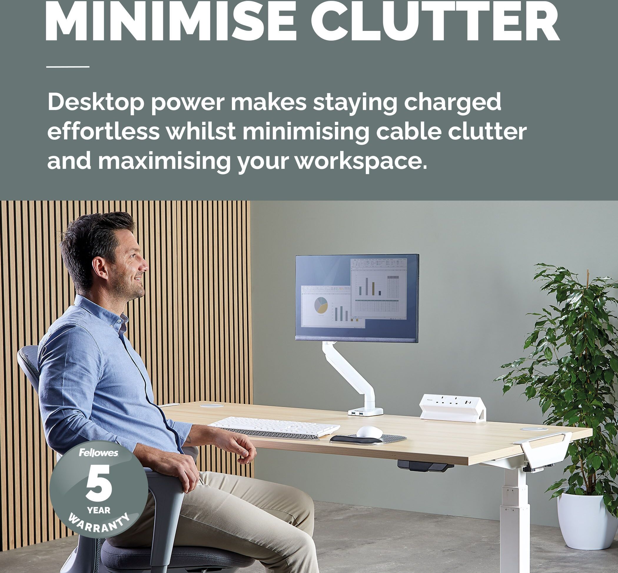 Fellowes Power Desk 2 Desktop Power Module - 2 UK Sockets (230V), USB-A (18W) & USB-C (30W), Desk Clamp 10-45mm, 2m Cable - White