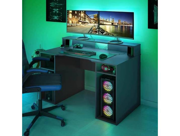 Bureau pour Ordinateur PEGANE - Station e-Gaming en Bois MDF - Noir - Dimensions 136x67x88cm