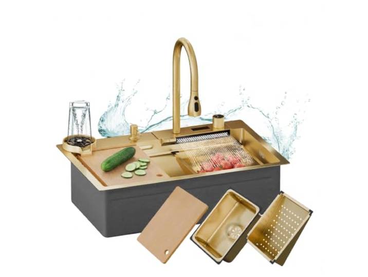 SEVANTE Küchenspüle aus Edelstahl - Spülbecken Küche - Gold 75x46x60 cm Spüle Küche, Ausgussbecken Edelstahl, Spüle mit Armatur Set, Glasreinigung