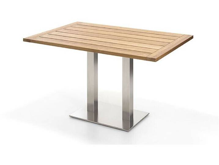 Bistro Tisch, Teak, Braun, 140×95 cm, Edelstahlgestell, Modern, Niehoff-Sitzmöbel