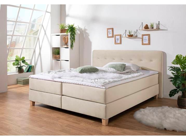 Boxspringbett, 213x207 cm, Strukturstoff & Samt, Beige, Inkl. Topper, Modern, Home-affaire