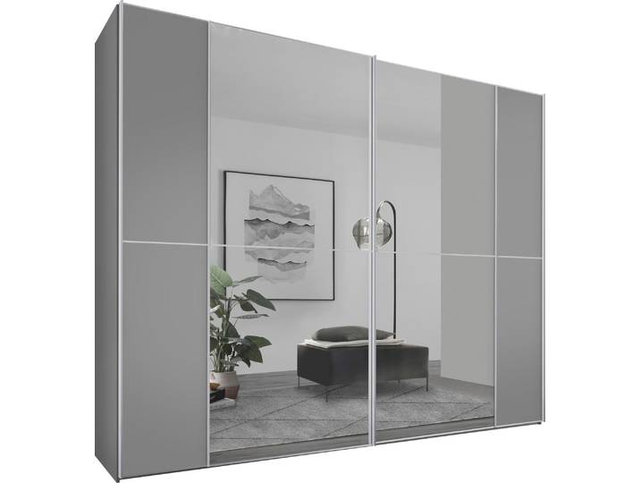 Schwebetürenschrank, Holzwerkstoff, Hellgrau, 270×240×68 cm, Mit Spiegel & Kleiderstangen, Modern, Staud