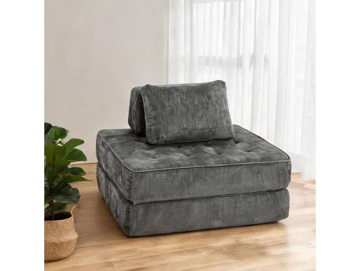 Chauffeuse-lit 1 place en tissu chenille polyester gris convertible 2-en-1 mousse haute densité design moderne