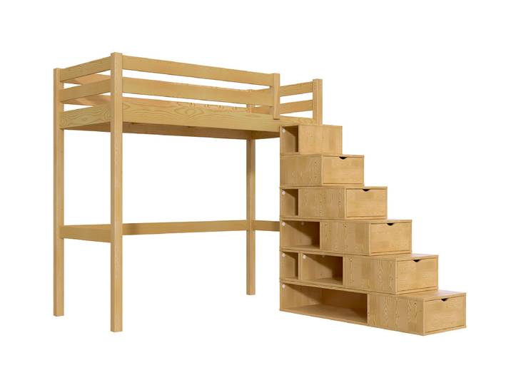 Lit mezzanine bois 90x200 Sylvia avec escalier cube 90x200 Miel