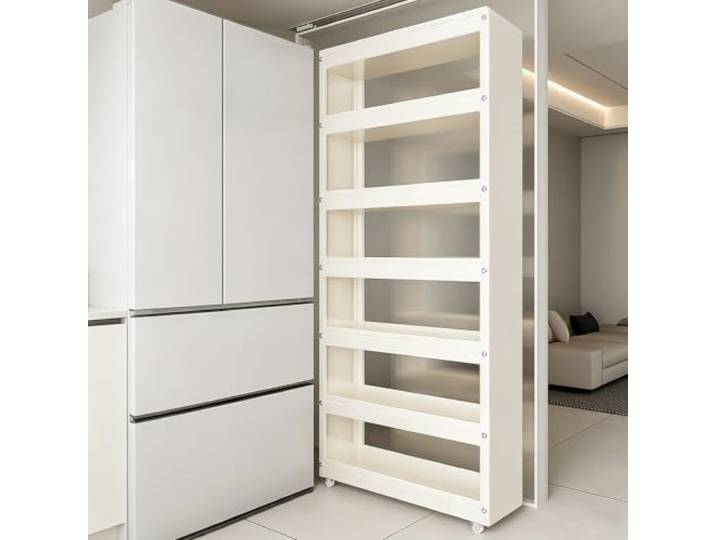 KEIFCUACLA Schmaler hoher Küchenwagen mit Rollen, platzsparendes Kohlenstoffstahl-Regal für Kühlschrank Zwischenraum, Stabiler Organizer für Küche, Bad und Waschküche(White,40x12x198cm)