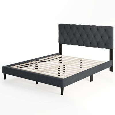 Costway Upholstered Platform Bed with Tufted Headboard and Wooden Slats Gray-Queen Size