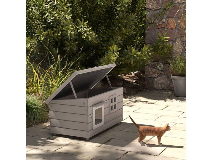 PawHut Maison pour chats avec toit en asphalte, cachette pour chats avec fenêtre en bois pour chats chiens extérieur résistant à l'hiver en pin gris noir 87 x 52 x 44 cm