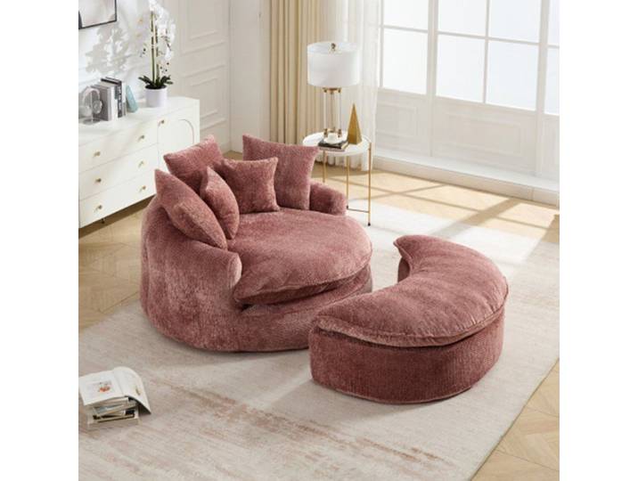 Fauteuil 55 pouces mousse polyester rond moelleux canapé-lit avec coussin et repose-pieds salon home cinéma