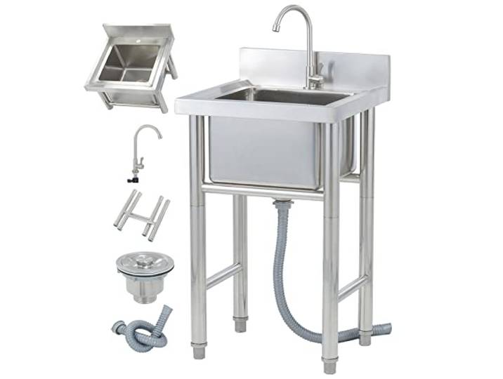 ZQFHSX Gewerbliches Spülbecken für Gastronomie und Küche – 50 x 50 x 80 cm, freistehend, Edelstahl, für den Einsatz in Industrie und Küche, inklusive Wasserhahn und Abfluss