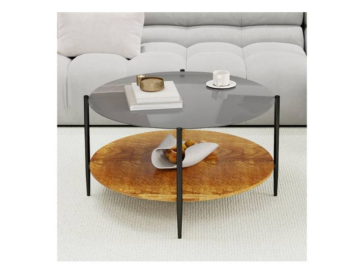 OKWISH Couchtisch Moderner, minimalistischer (mit rundem Glastischplatte und kombiniertem Holz-Unterschrank, ansprechend im Design und praktisch in der Nutzung., 1-St)