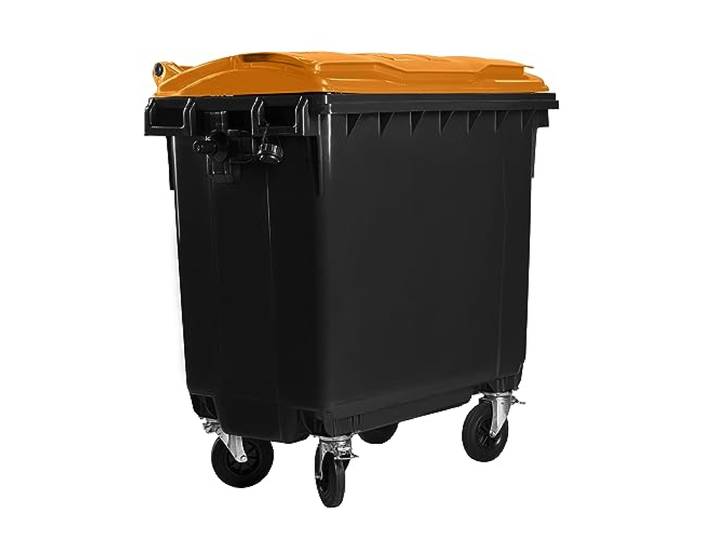 Hardwex Müllcontainer mit 4 Rädern mit Flachdeckel, Müllgroßbehälter, Abfalltonne, Mülltonne, Volumen: 770 Liter, Farbe: Grau/Orange, Größe: 1 365 x 1 370 x 778 mm