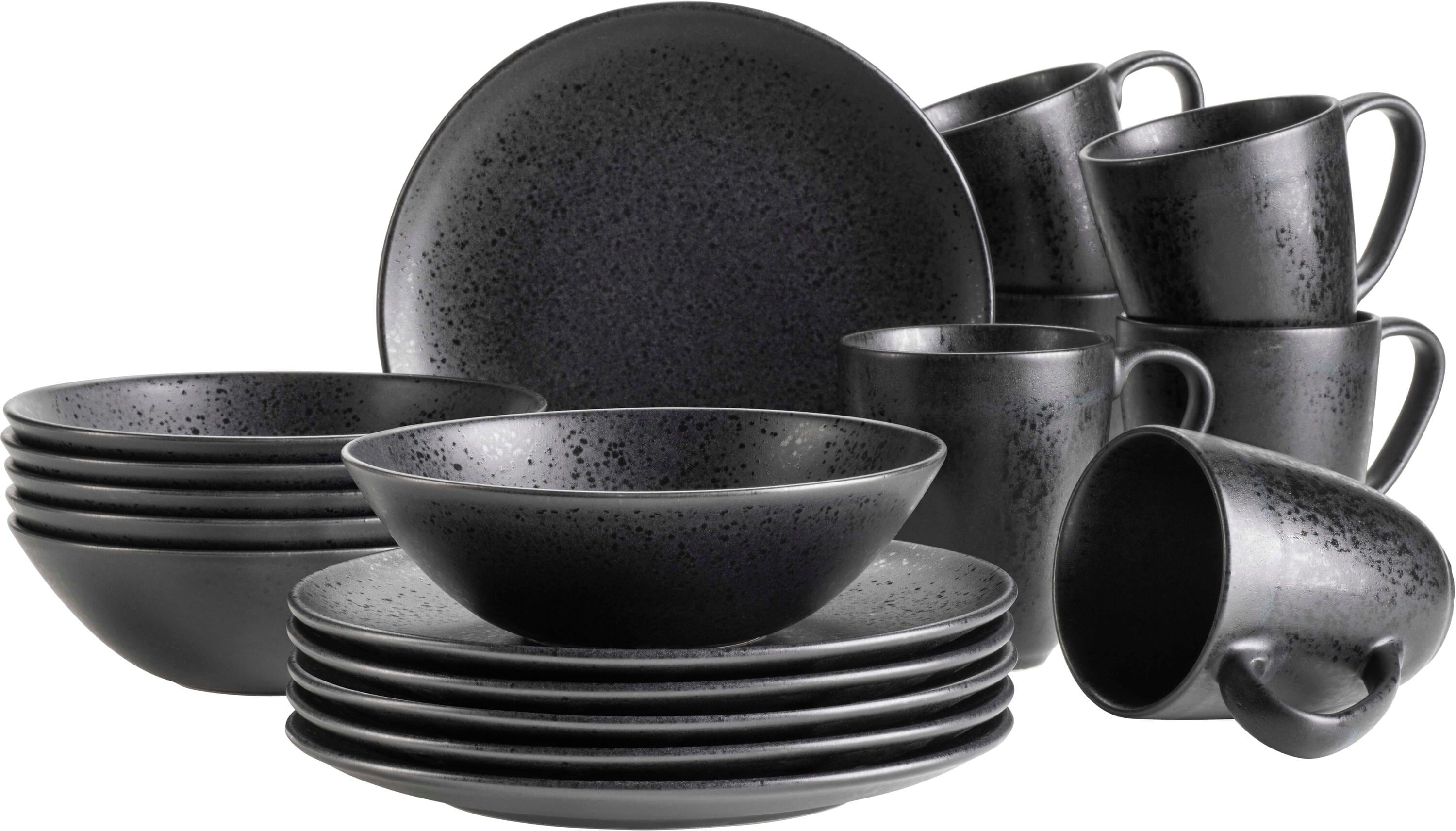 Frühstücks-Geschirrset MÄSER "Essential 18-teilig", schwarz, 18 tlg., Keramik, Steingut, Geschirr-Sets, Frühstücks-Geschirrset schwarz 18 tlg.