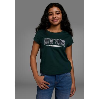 T-Shirt KIDSWORLD "New York - Print", Mädchen, Gr. 152/158, grün (flaschengrün), Single Jersey, Obermaterial: 100% Baumwolle, bedruckt, gerade taillenbedeckt, Rundhals, abgesteppte Kante, Shirts T-Shirt, Kurzarm, gerade Passform, mit stylischem Druck