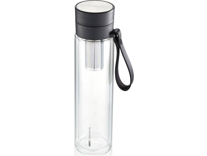 Trinkflasche GEFU COMPANION , schwarz (schwarz, transparent), 450ml, Borosilikatglas, Trinkflaschen, Trinkflasche, Sicherheitsverschluss für 100%-igen Auslaufschutz und Einhandbedienung