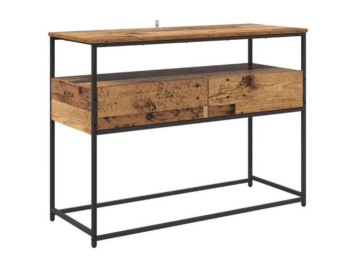 Table console industrielle - - 100x40x75 cm - Bois ancien - Cadre en métal - Tiroir - 2 étagères