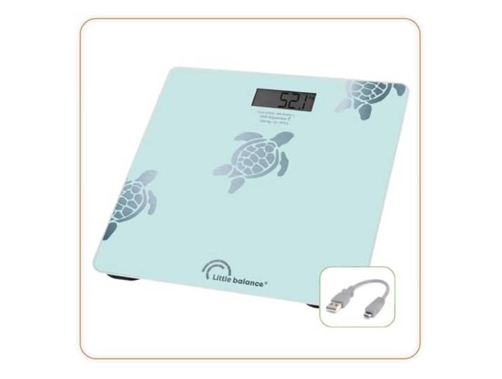 LITTLE BALANCE 8730 Tortues Aqua métallisées\, Pèse-personne sans pile\, Rechargeable USB-C\, Réparable\, 180 kg\, Design Aqua métallisée