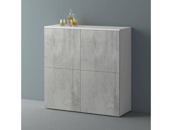 Mai & Mai Sideboard 100cm Kommode 4 Türen Soft-Close grifflos Stauraum Kommodenschrank, Wohnzimmer Möbel, Flurschrank, bis zu 8 Staufächer, Weiß matt + Beton, BxTxH:100x36,4x98cm, Schrank04