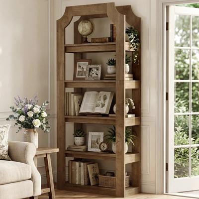 Lee "70"" Tall 5-Tier Farmhouse Bookshelf, Wood Bookcase with Anti-Tip Kit & H-Shaped Stability, Display Storage for Living Room"