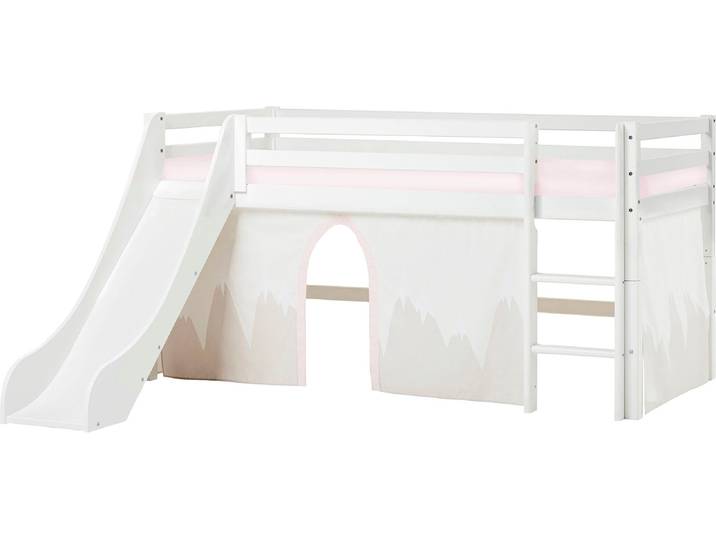 Hochbett HOPPEKIDS «Winter Wonderland» aus Massivholz - langlebig & flexibel umbaubar , weiss (weiß, rosa), B:195cm H:105cm L:208cm, Kiefer massiv, Hochbetten, Hochbett, Zwei Grössen, mit Rutsche, Vorhang & Matratze