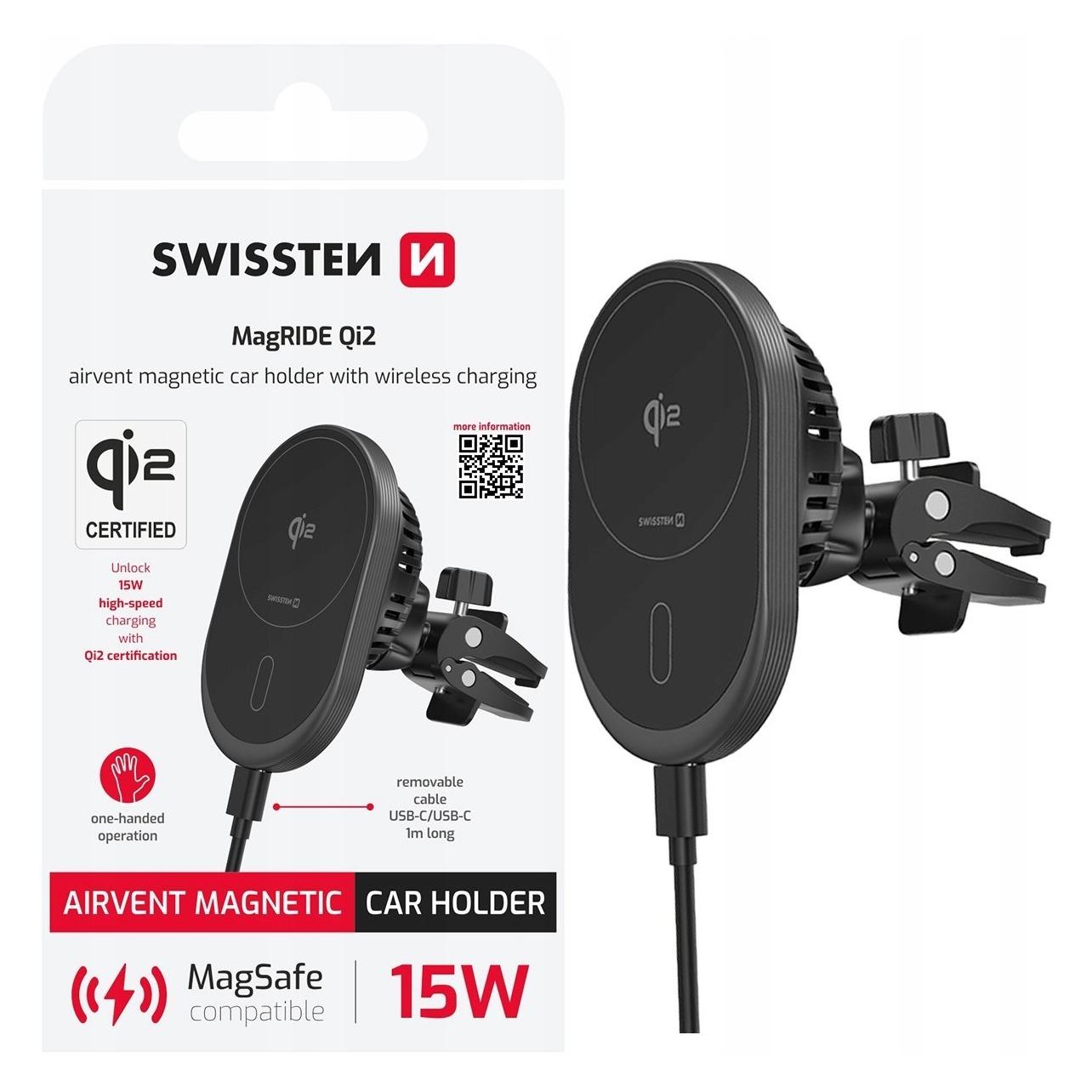 Swissten Magnetic Car Holder MagRide with Wireless Charger Qi2 15w (Magsafe Compatible) (65010612)
