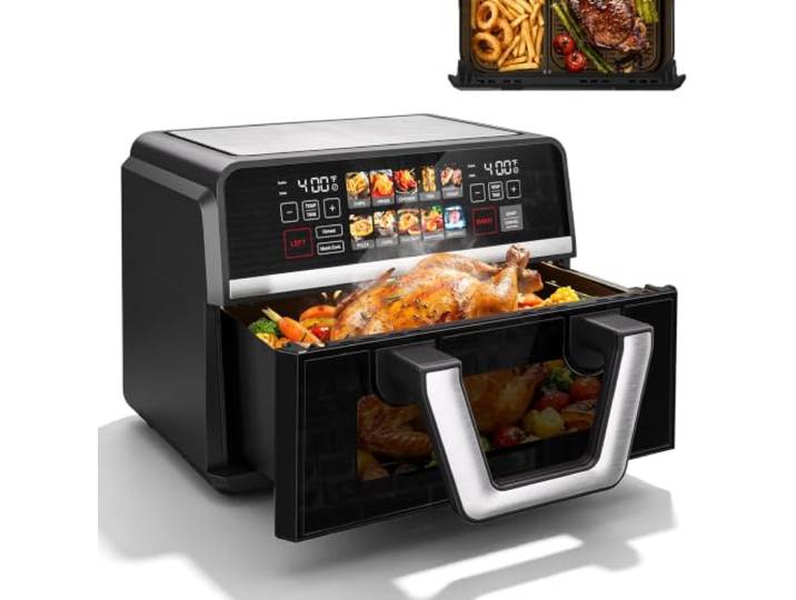 10L Airfryer 2 Kammern, 2500W Heißluftfritteuse XXL(3+7L),10-in-1 Heissluftfritteuse Doppelkammer Air fryer Dual Zone mit Touchscreen, Match & Sync-funktion, Braten, Backen, spülmaschinenfeste Teile
