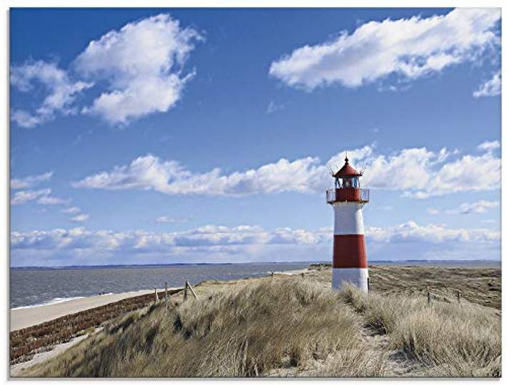 ARTland Wanddeko Glasbilder Wandbild Glas Bild einteilig 80x60 cm Querformat Strand Meer Nordsee Leuchtturm Sylt Dünen Gräser Wolken Sommer Urlaub T9ML