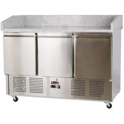 Romux® Pizzatisch 3 Türen 140x70 cm mit Arbeitsfläche aus Granit mit statische Kühlung | Pizzakühltisch aus Edelstahl