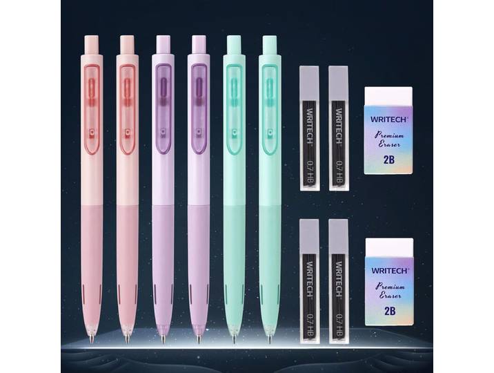WRITECH Up set vulpotloden: 6 stuks pastelkleurige vulpotloden 0,7 mm met 4 kokers HB-stiftvullingen en 2 extra gummen voor schrijven, tekenen, schetsen en technisch tekenen