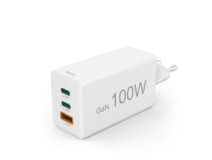 Hama USB Schnellladegerät, 2X USB C + 1x USB A, Mini Ladegerät, 100W GaN Charger schwarz, Universal Ladegerät, Quick Charge 3.0/Power Delivery, USB Ladestecker mehrfach, Laptop Netzteil