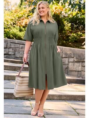 Plus Size Women's Smocked Waistband Zip-Front Dress by Avenue in Olive Green (Size 34/36)