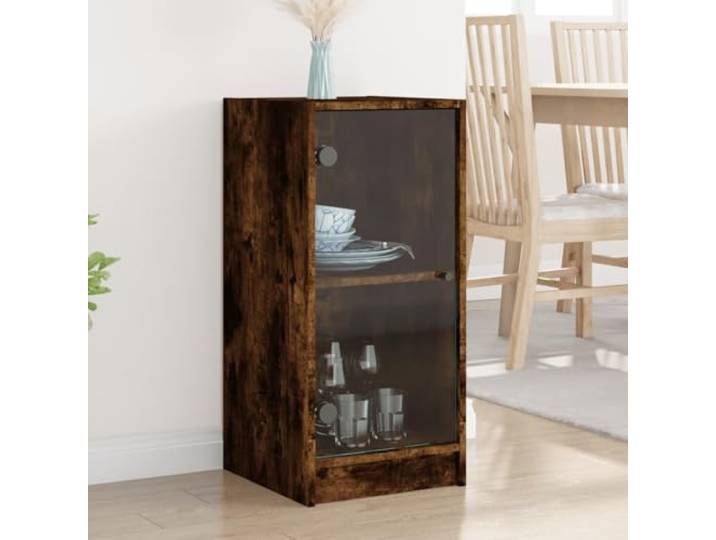 HEFZGDB Moderner Beistellschrank mit Glasfront Räuchereiche 35x37x75,5 cm, Kleiner Schrank mit Glastüren für die Wohnung, Beistellschrank zur Aufbewahrung und Dekoration mit Sichtfenster