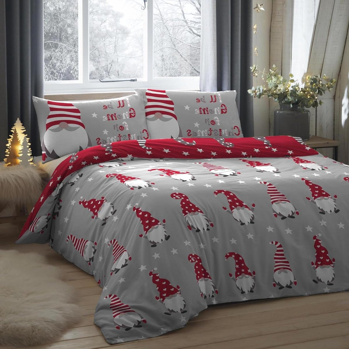 Dekbedovertrek Set Kerst Gonks Gnome Zilver - 100% Geborsteld Katoen - 135 x 200 cm