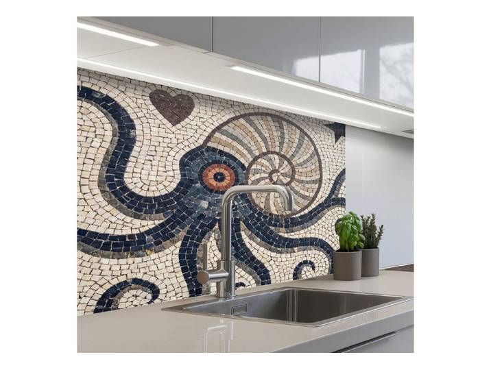 KitchenYeah Küchenrückwand selbstklebend (keine Folie) Meeresleben – Mosaik – Kunst – Vintage – B, (1-tlg), Spritzschutz, Küche, Rückwand, Küchenwand, Ohne Bohren, 250x60 cm