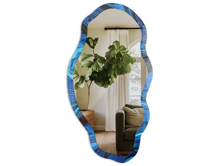 SPIEGEL 90x45 cm asymmetrisch mit Druck - Blaue Abstraktion