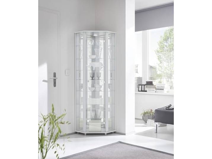 möbelando Eckvitrine Vitrinenschrank Glasvitrine Vitrine Berlin II Weiß