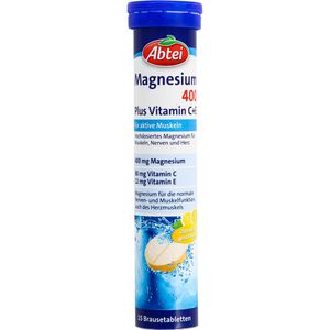 Abtei Magnesium Plus, 15 Brausetabletten, Magnesiumcarbonat + C + E, hochdosiert, 400 mg