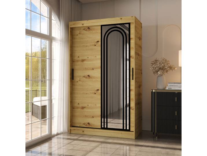 Kleiderschrank Farbe: Eiche Artisan 5 Fächer 2 Kleiderstangen hochwertig Verarbeitet 120 x 62 x 200 cm Schiebetürenschrank Spiegeltü