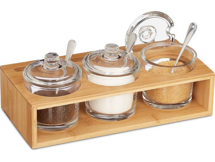 kruidenpotjes - set van 3 - met kruidenhouder - glazen suikerpotje - met lepel